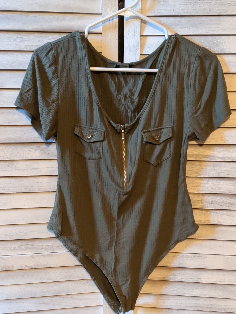 Source Unknown Olive Ribbed V-Neck Zip Front Bodysuit